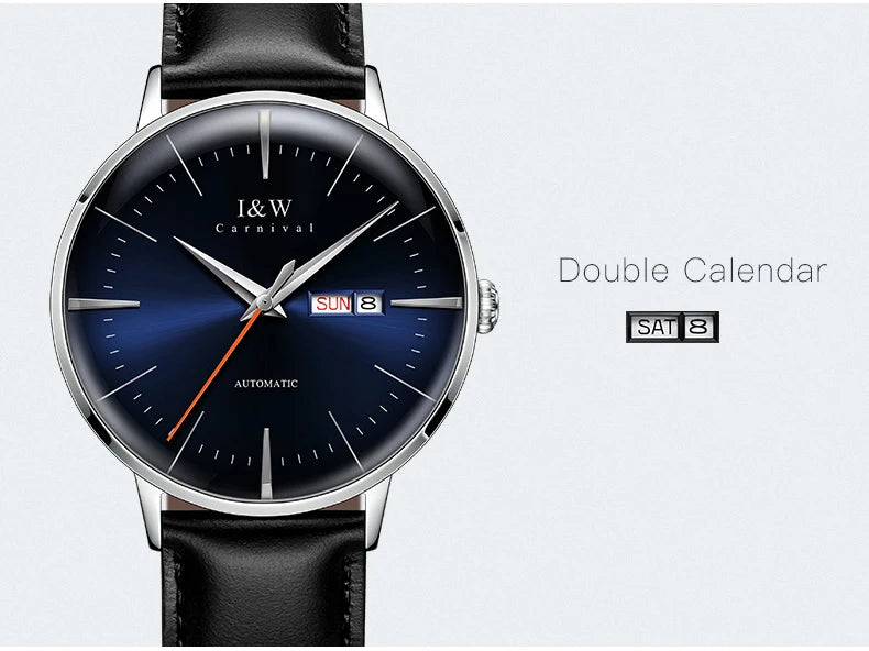 Japan MIYOTA Automatic Watch 3D Curved Sapphire Mechanical Wristwatches Waterproof Leather Strap Double Calendar Watches for Men