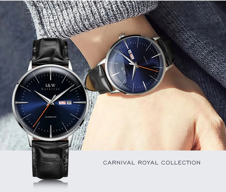 Japan MIYOTA Automatic Watch 3D Curved Sapphire Mechanical Wristwatches Waterproof Leather Strap Double Calendar Watches for Men