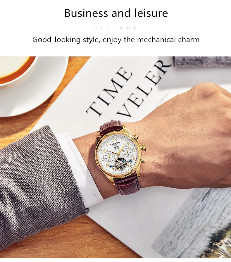 Carnival Brand Luxury Tourbillon Watches Leather Calendar Week Month High-End Mechanical Watch Business Men Automatic Clock
