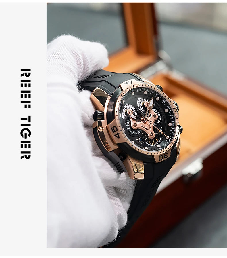 Reef Tiger/RT Luxury Brand Blue Military Watch Men Leather Strap Steel Automatic Watch Waterproof Relogio Masculino RGA3503