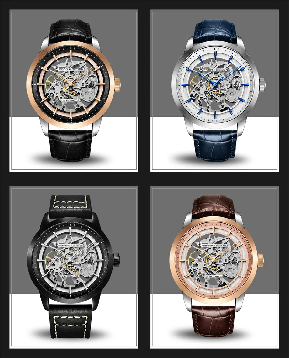 PAGANI DESIGN Brand Fashion Sports Leather Watches Men Luxury Automatic Mechanical Skeleton Waterproof Watches Relogio Masculino