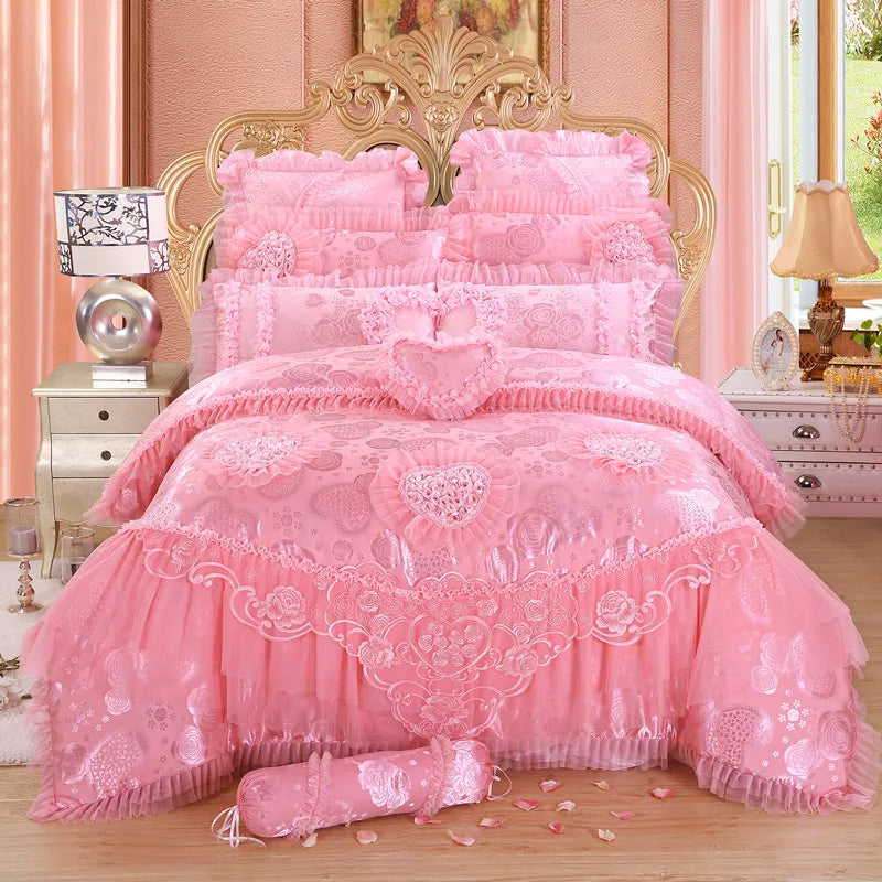 4/6/8pcs Red Pink Lace Princess Bedding Set Luxury Girls Wedding Bed Set Quilt Cover Bed Sheets Queen King Size 2025 New Design