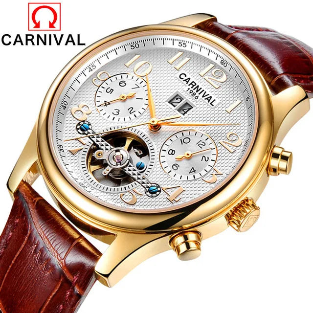Carnival Brand Luxury Tourbillon Watches Leather Calendar Week Month High-End Mechanical Watch Business Men Automatic Clock