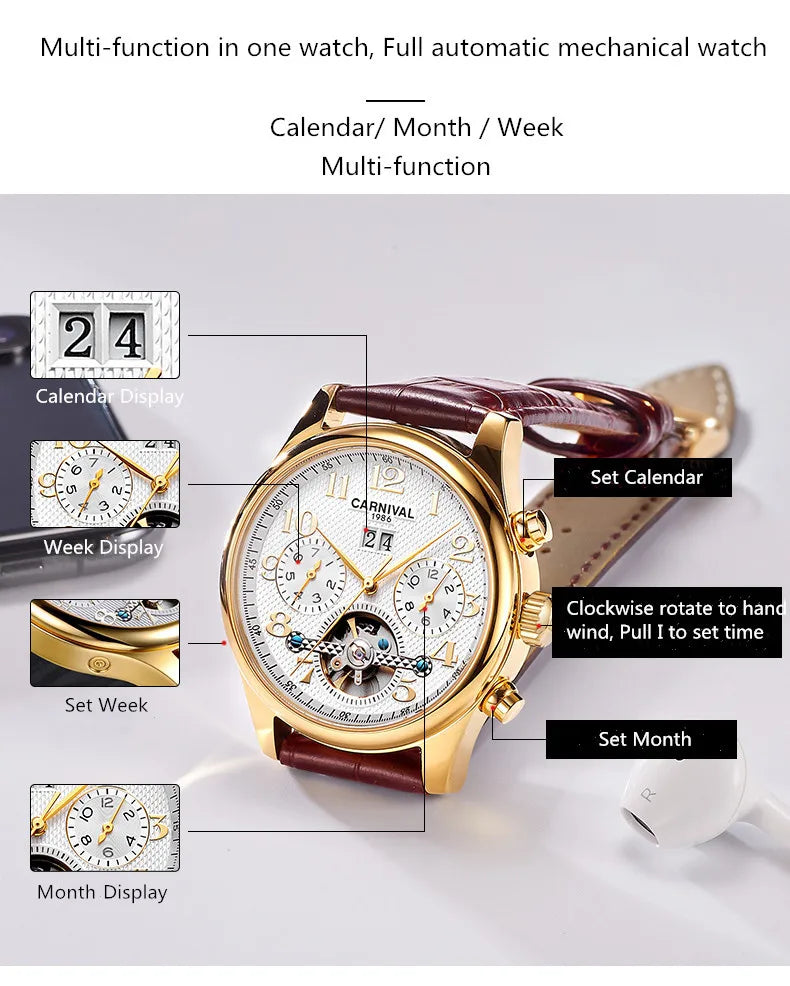 Carnival Brand Luxury Tourbillon Watches Leather Calendar Week Month High-End Mechanical Watch Business Men Automatic Clock