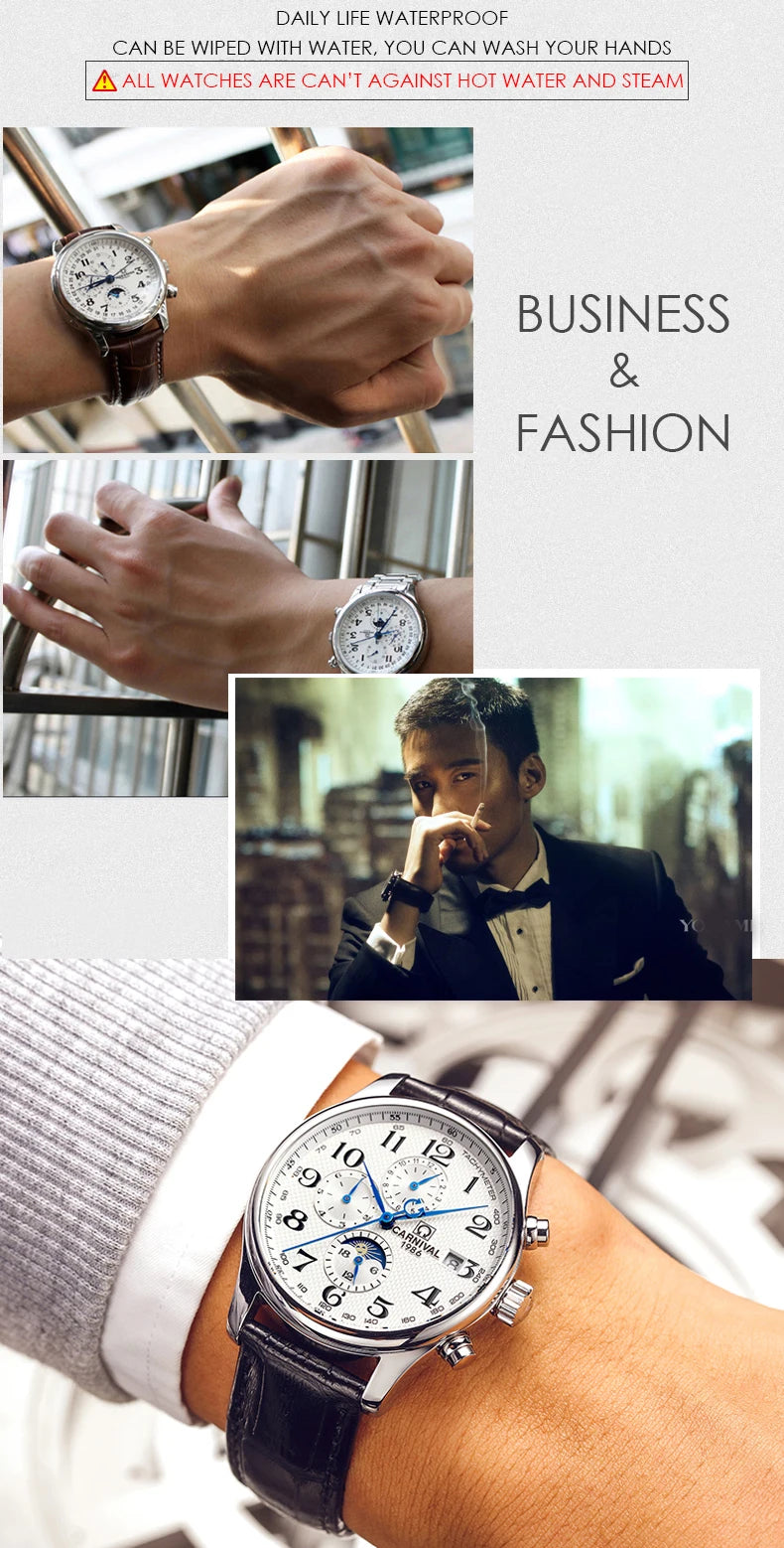 Carnival Brand Automatic Watch Fashion Luxury Waterproof Calendar Moon Phase Mechanical Watches For Men Clock Relogio Masculino