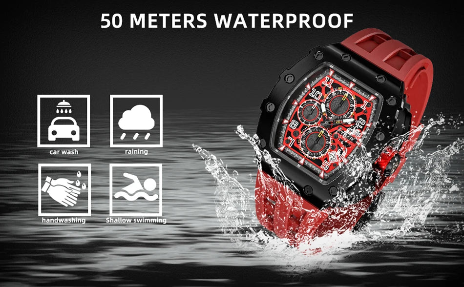 TSAR BOMBA Tonneau Mens Watches Sapphire Crystal Red Wristwatch Waterproof Chronograph Date Clock Luxury Christmas Gift for Men
