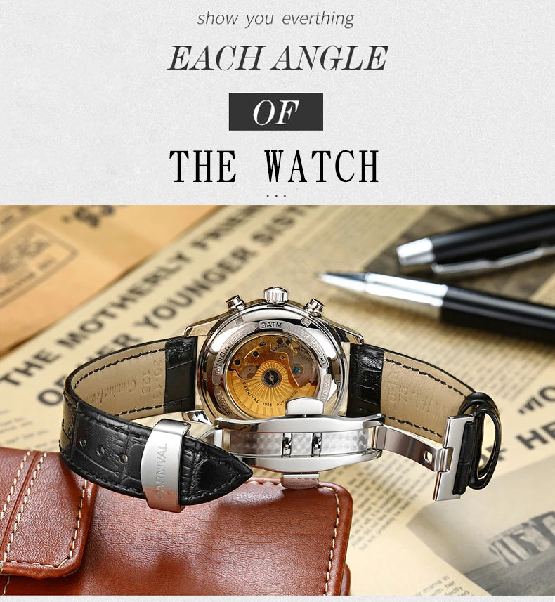 Carnival Brand Automatic Watch Fashion Luxury Waterproof Calendar Moon Phase Mechanical Watches For Men Clock Relogio Masculino