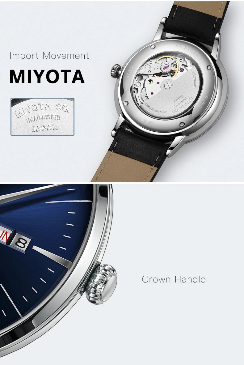 Japan MIYOTA Automatic Watch 3D Curved Sapphire Mechanical Wristwatches Waterproof Leather Strap Double Calendar Watches for Men