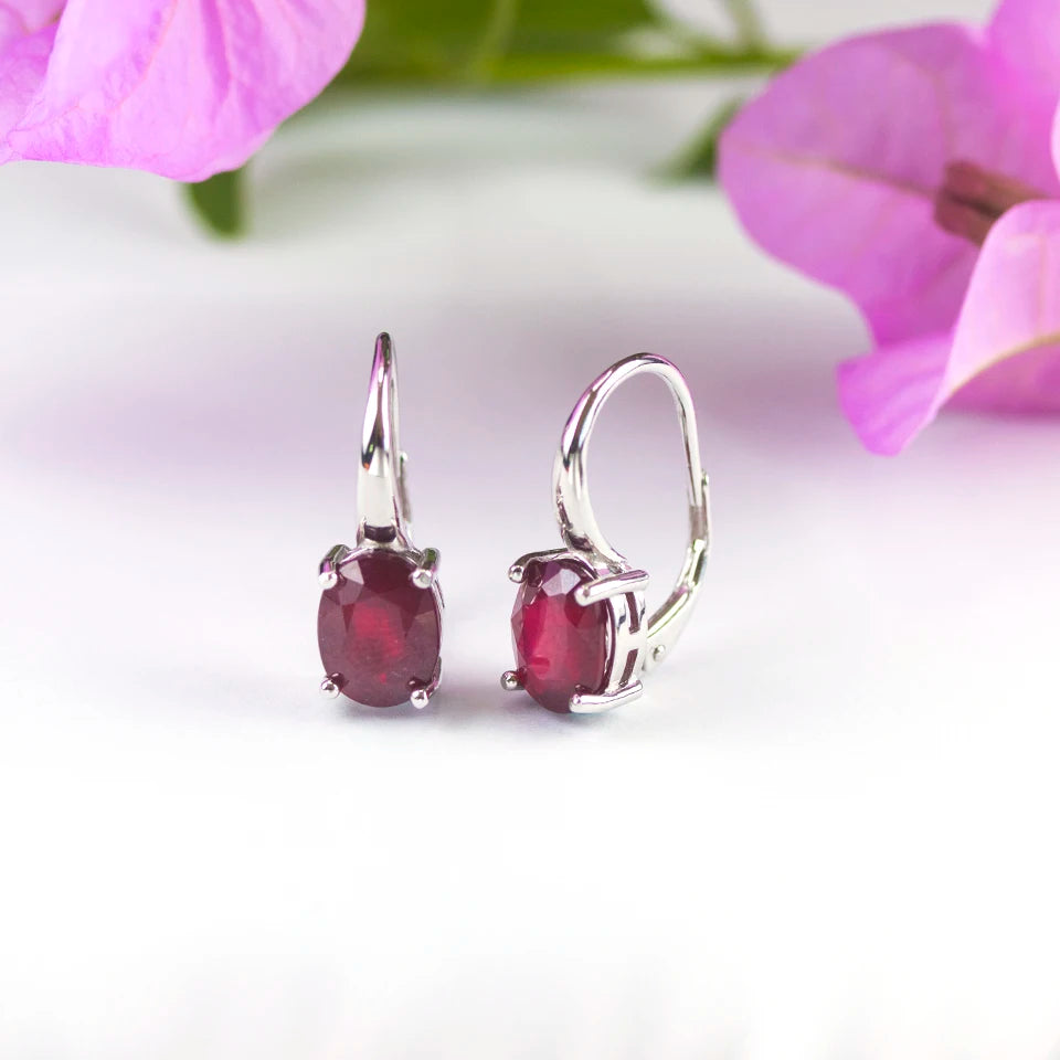 Bolai 9*7mm Natural Ruby Stud English Hook Clasp Earrings Real 925 Sterling Silver Precious Stone Jewelry for Woman Simple Gift