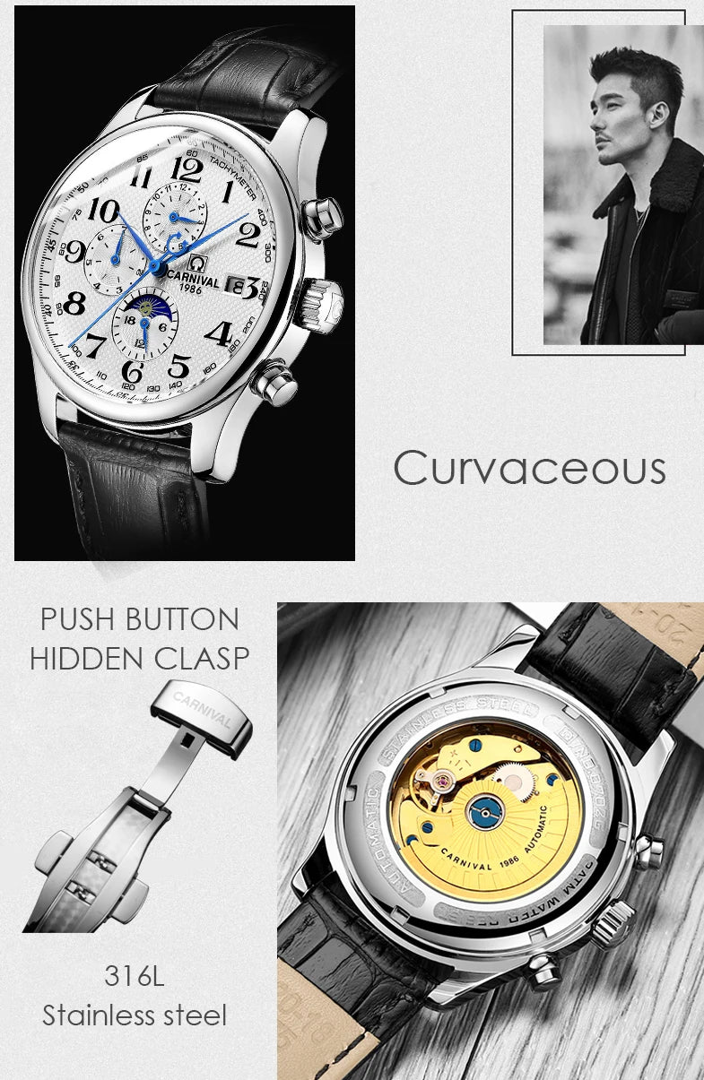 Carnival Brand Automatic Watch Fashion Luxury Waterproof Calendar Moon Phase Mechanical Watches For Men Clock Relogio Masculino
