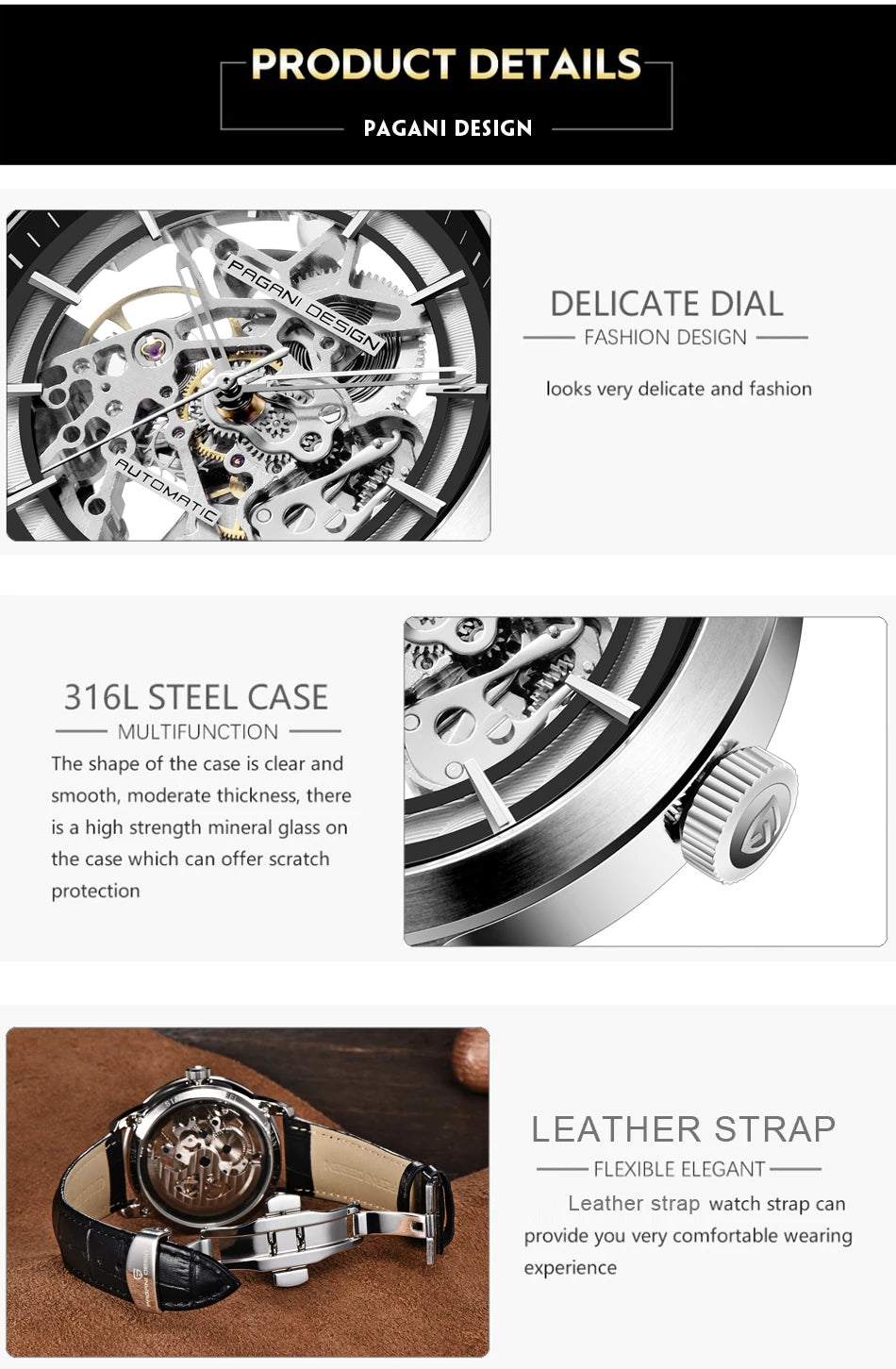 PAGANI DESIGN Brand Fashion Sports Leather Watches Men Luxury Automatic Mechanical Skeleton Waterproof Watches Relogio Masculino