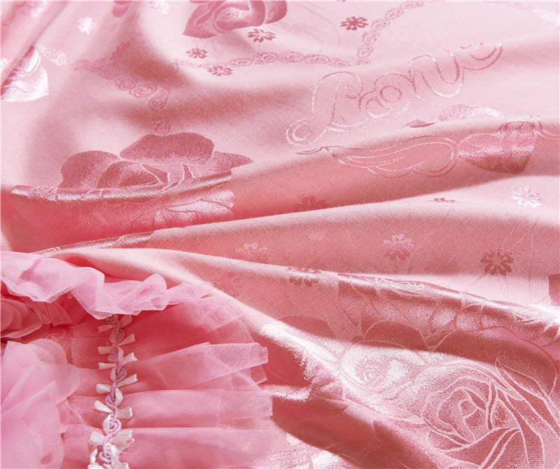 Red Jacquard Satin Cotton Bedding Set Luxury Heart-shaped Lace Princess Wedding Duvet Cover Bed Sheet Bedspread Pillowcases