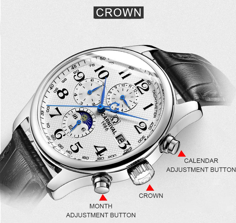 Carnival Brand Automatic Watch Fashion Luxury Waterproof Calendar Moon Phase Mechanical Watches For Men Clock Relogio Masculino