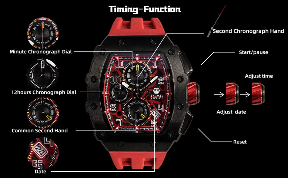 TSAR BOMBA Tonneau Mens Watches Sapphire Crystal Red Wristwatch Waterproof Chronograph Date Clock Luxury Christmas Gift for Men