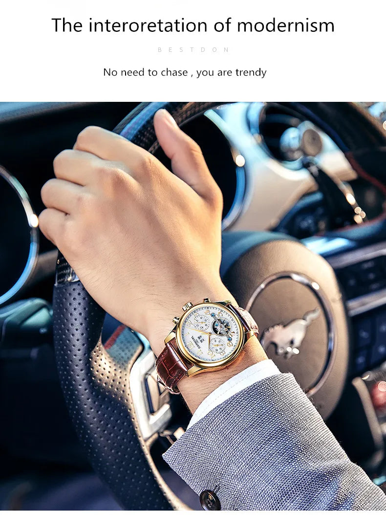 Carnival Brand Luxury Tourbillon Watches Leather Calendar Week Month High-End Mechanical Watch Business Men Automatic Clock