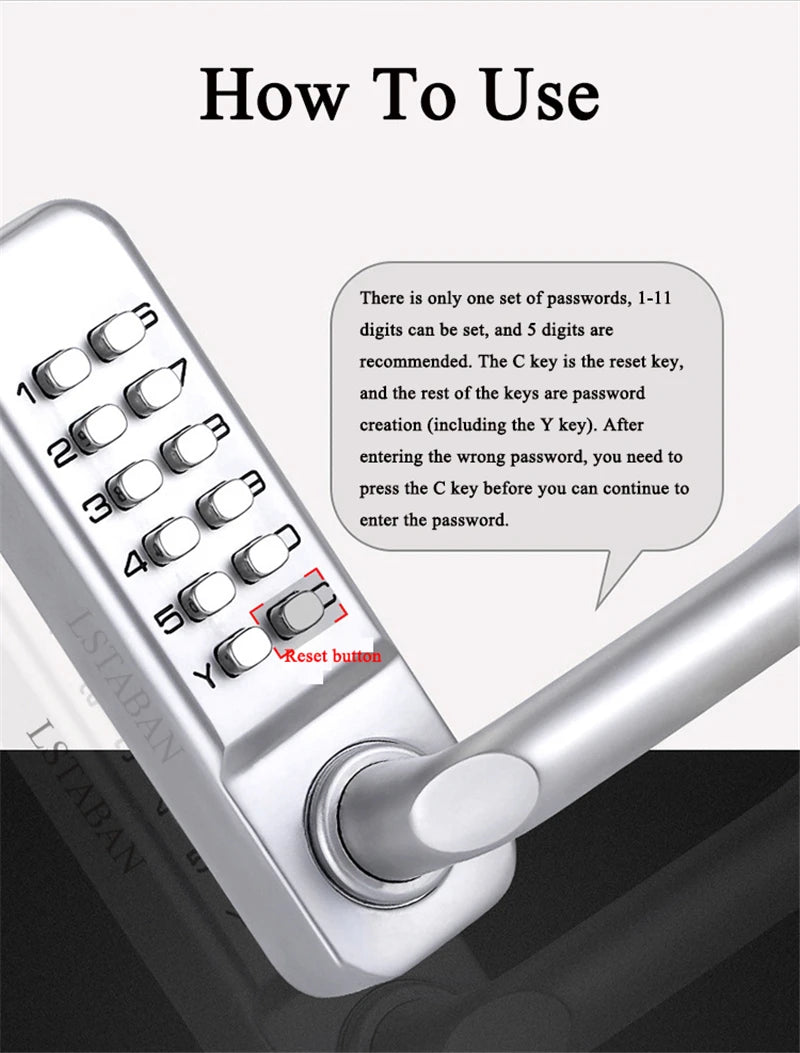 Silver Long Handle Keyless Mechanical Digital Door Lock Password Keypad Home Garden Yard Wooden Iron Gate Lock Pushbutton