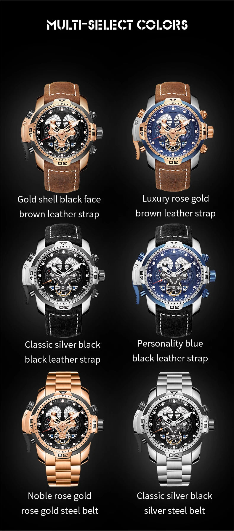 Reef Tiger/RT Luxury Brand Blue Military Watch Men Leather Strap Steel Automatic Watch Waterproof Relogio Masculino RGA3503