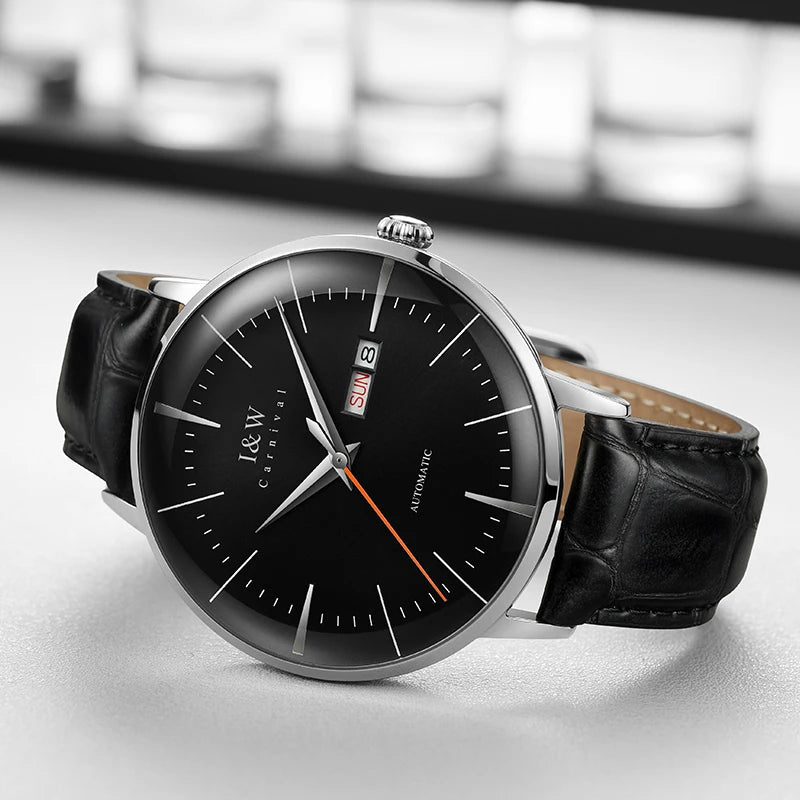 Japan MIYOTA Automatic Watch 3D Curved Sapphire Mechanical Wristwatches Waterproof Leather Strap Double Calendar Watches for Men