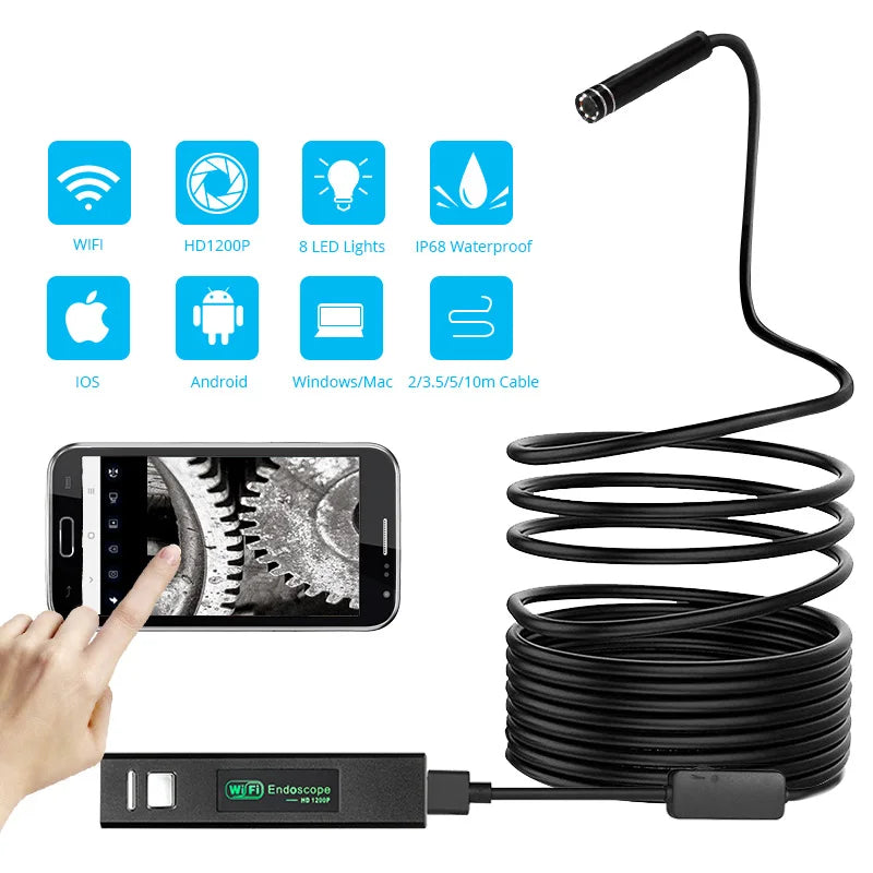 KERUI 1200P/720P WLAN Endoskop Wasserdichte Inspektions-Schlangenkamera USB Boreskop für Autos für iPhone & Android Smartphone