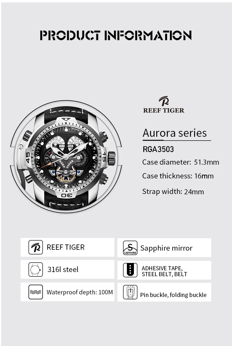 Reef Tiger/RT Luxury Brand Blue Military Watch Men Leather Strap Steel Automatic Watch Waterproof Relogio Masculino RGA3503