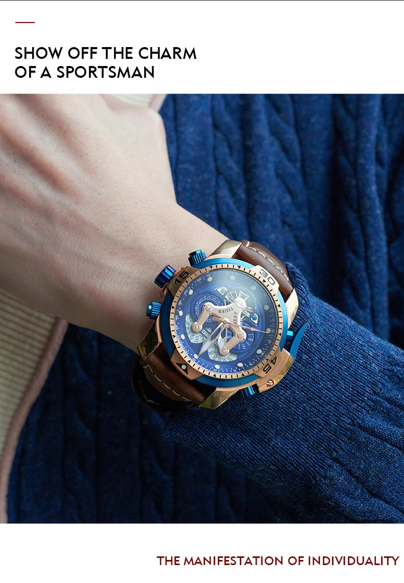 Reef Tiger/RT Luxury Brand Blue Military Watch Men Leather Strap Steel Automatic Watch Waterproof Relogio Masculino RGA3503