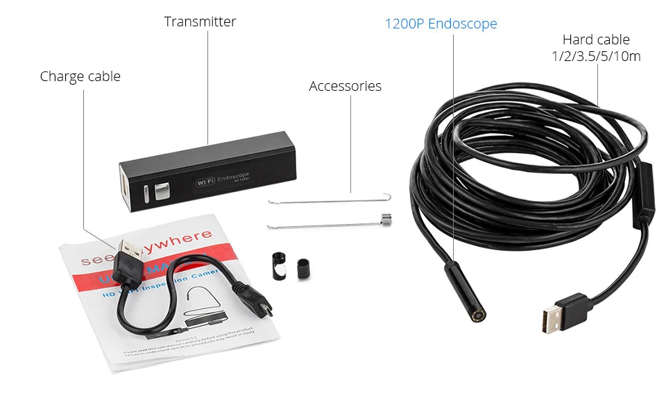 KERUI 1200P/720P WLAN Endoskop Wasserdichte Inspektions-Schlangenkamera USB Boreskop für Autos für iPhone & Android Smartphone