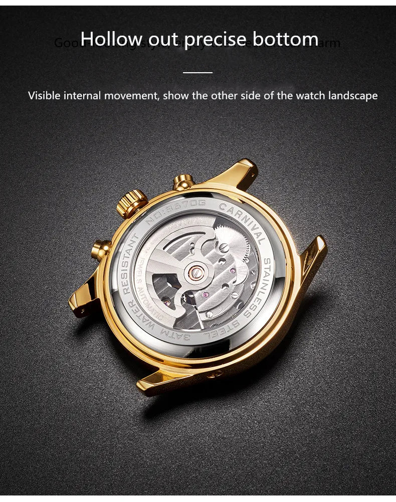 Carnival Brand Luxury Tourbillon Watches Leather Calendar Week Month High-End Mechanical Watch Business Men Automatic Clock