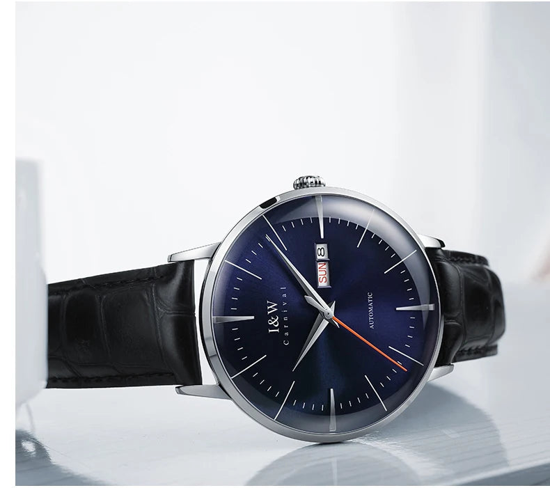 Japan MIYOTA Automatic Watch 3D Curved Sapphire Mechanical Wristwatches Waterproof Leather Strap Double Calendar Watches for Men