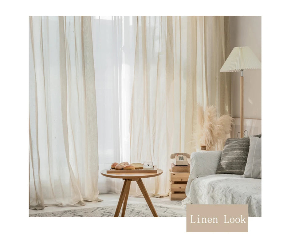Beige linen look tulle curtains for living room Modern flax sheer curtains for bedroom Solid voile cortina for kids window drape