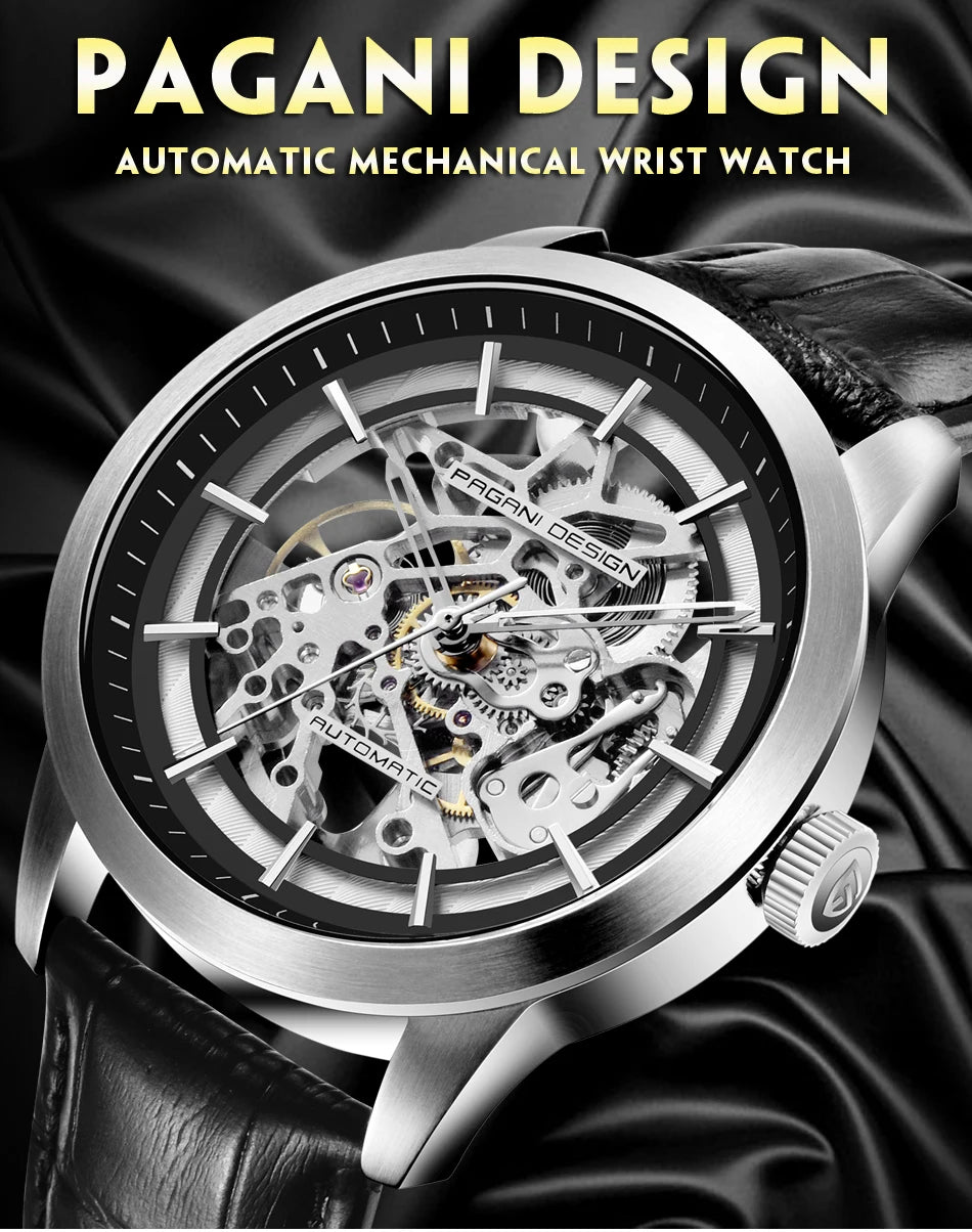 PAGANI DESIGN Markenmode Sportliche Lederuhren für Herren Luxus Automatische Mechanische Skelettuhren Wasserdicht Relogio Masculino
