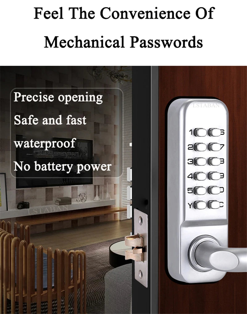 Silver Long Handle Keyless Mechanical Digital Door Lock Password Keypad Home Garden Yard Wooden Iron Gate Lock Pushbutton