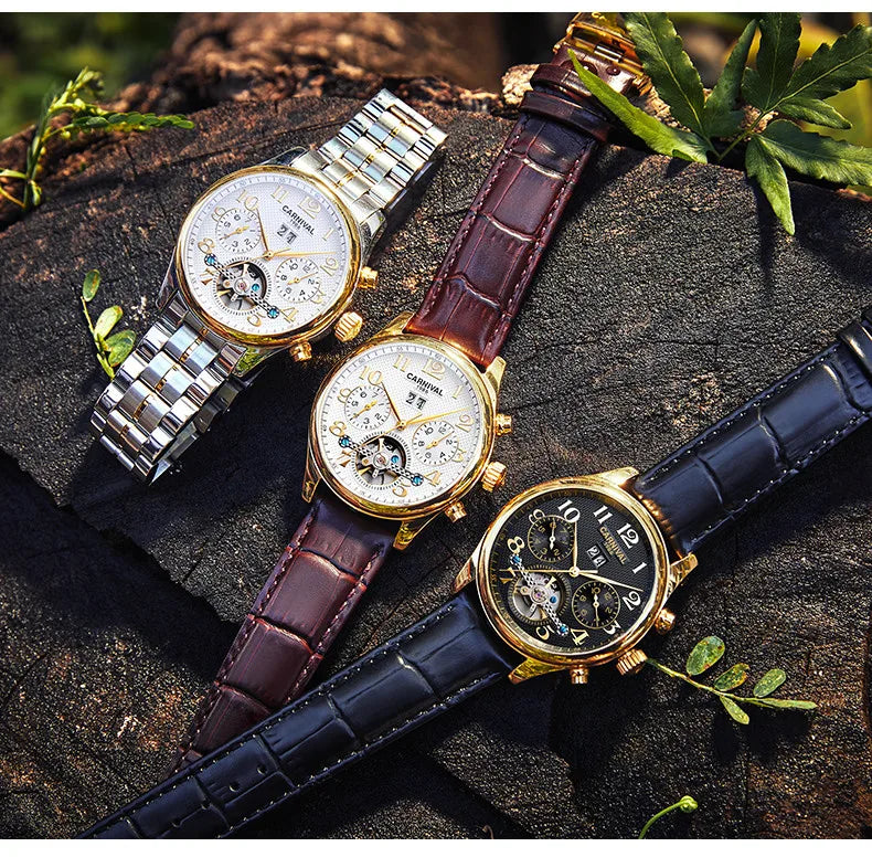 Carnival Brand Luxury Tourbillon Watches Leather Calendar Week Month High-End Mechanical Watch Business Men Automatic Clock