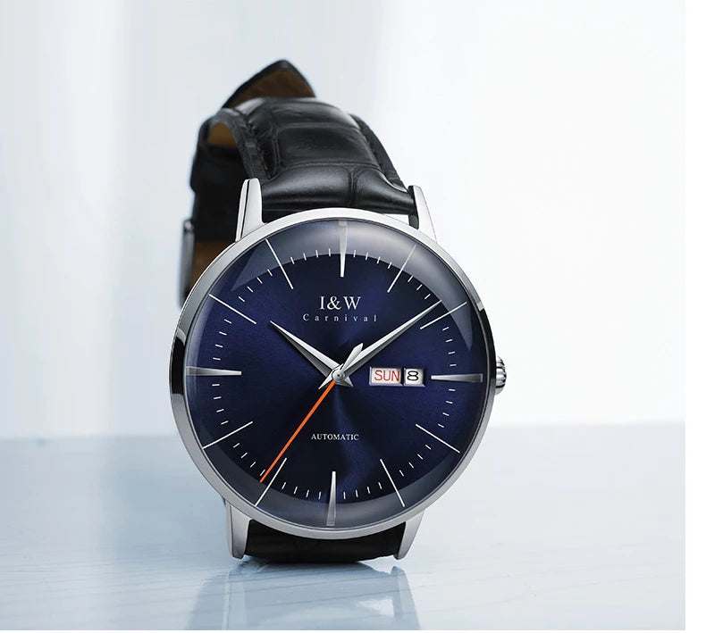 Japan MIYOTA Automatic Watch 3D Curved Sapphire Mechanical Wristwatches Waterproof Leather Strap Double Calendar Watches for Men