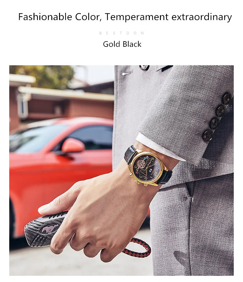 Carnival Brand Luxury Tourbillon Watches Leather Calendar Week Month High-End Mechanical Watch Business Men Automatic Clock