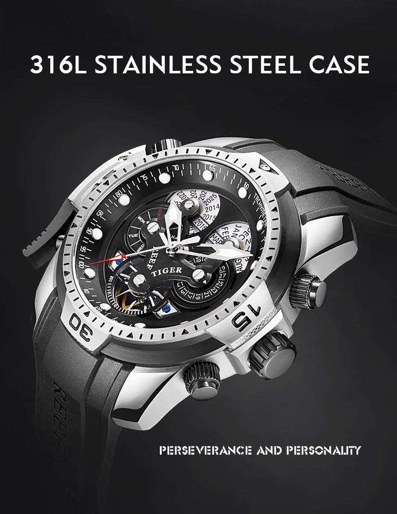 Reef Tiger/RT Luxury Brand Blue Military Watch Men Leather Strap Steel Automatic Watch Waterproof Relogio Masculino RGA3503