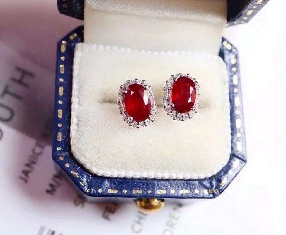 Female Party Jewelry New 100% Natural and Real Ruby Luxury Stud Earring Jewelry  925 Silver