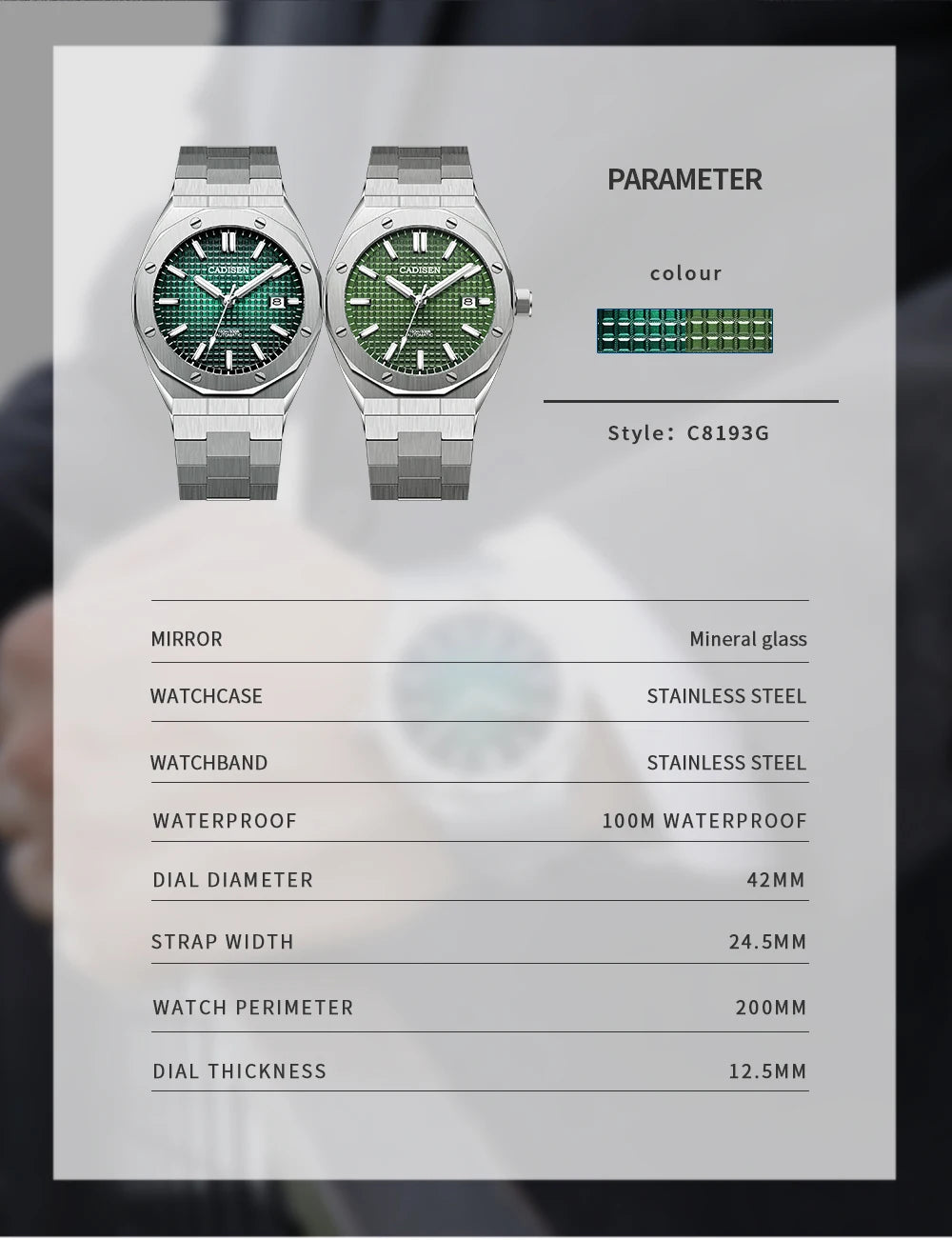 CADISEN 42MM Men's Mechanical Watch Luxury NH35A Movement Automatic Watches Sapphire Mirror 10Bar Waterproof Watch For Men