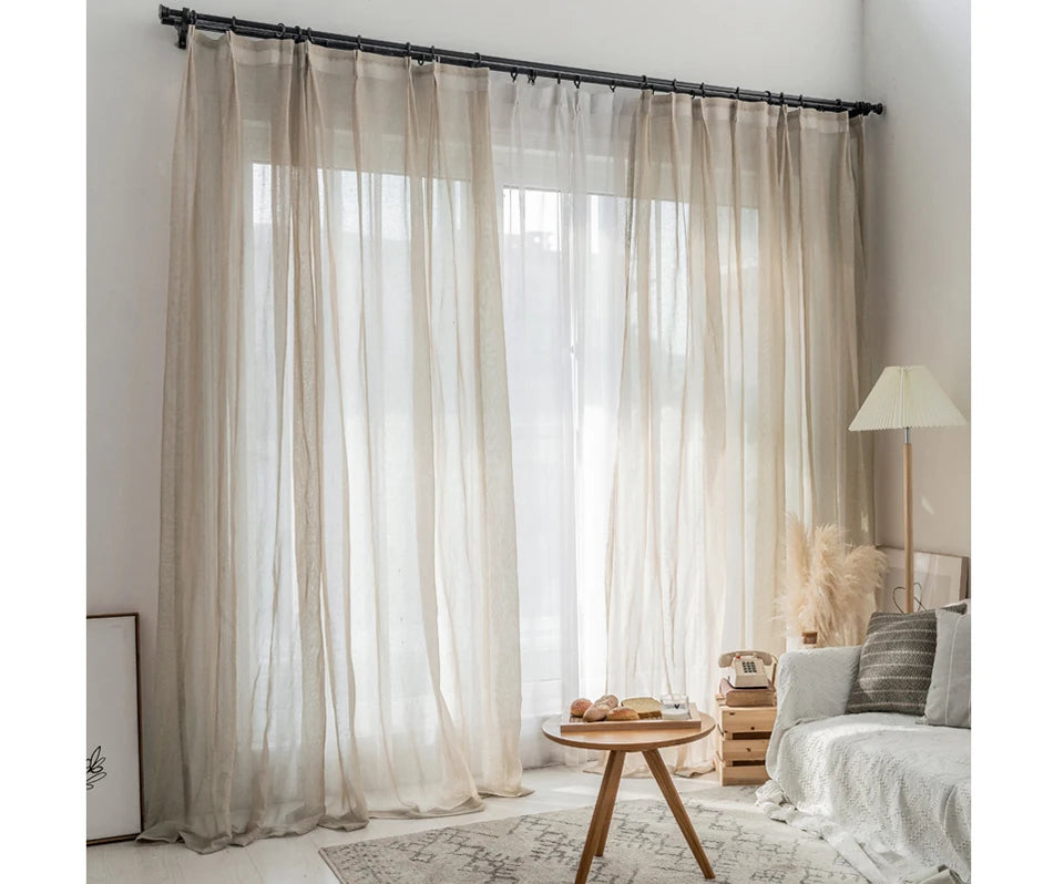 Beige linen look tulle curtains for living room Modern flax sheer curtains for bedroom Solid voile cortina for kids window drape