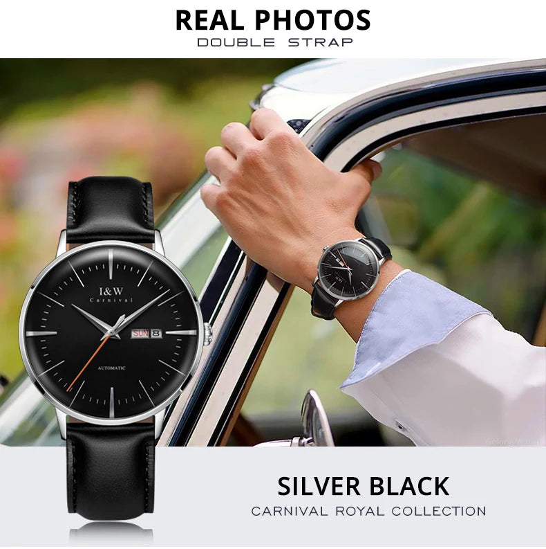 Japan MIYOTA Automatic Watch 3D Curved Sapphire Mechanical Wristwatches Waterproof Leather Strap Double Calendar Watches for Men