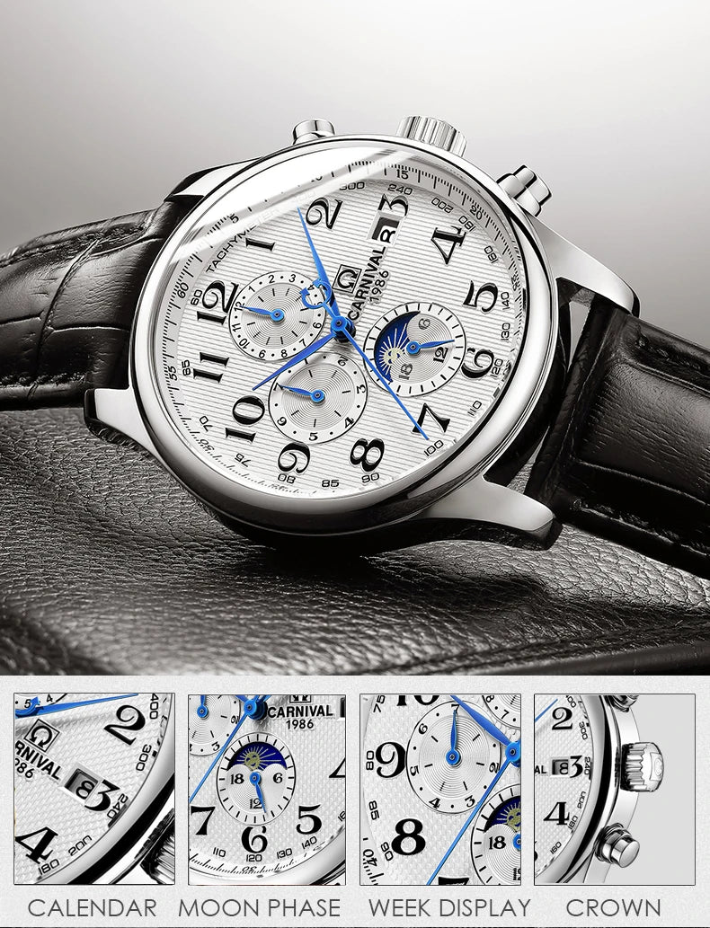 Carnival Brand Automatic Watch Fashion Luxury Waterproof Calendar Moon Phase Mechanical Watches For Men Clock Relogio Masculino