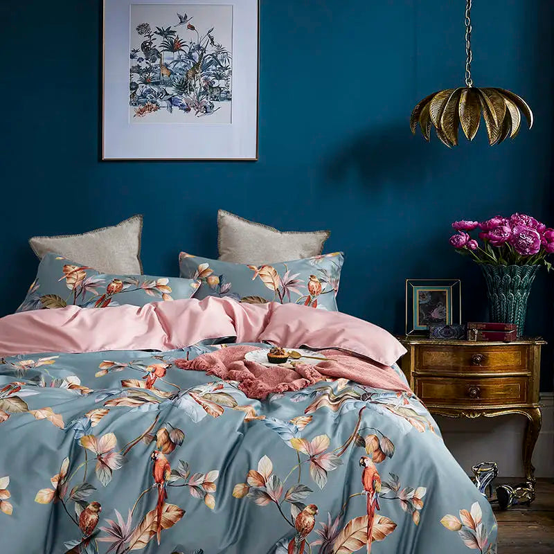 HD printed Birds Branch printed Premium Egyptian cotton Silky Soft Duvet Cover Family size US King Queen Size Bedding Set 4/6Pcs