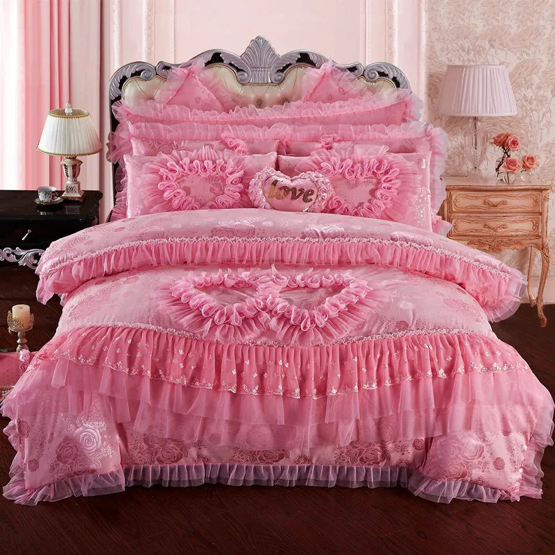4/6/8pcs Red Pink Lace Princess Bedding Set Luxury Girls Wedding Bed Set Quilt Cover Bed Sheets Queen King Size 2025 New Design