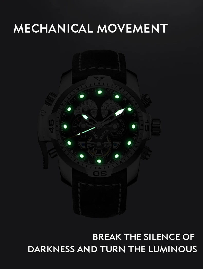 Reef Tiger/RT Luxury Brand Blue Military Watch Men Leather Strap Steel Automatic Watch Waterproof Relogio Masculino RGA3503