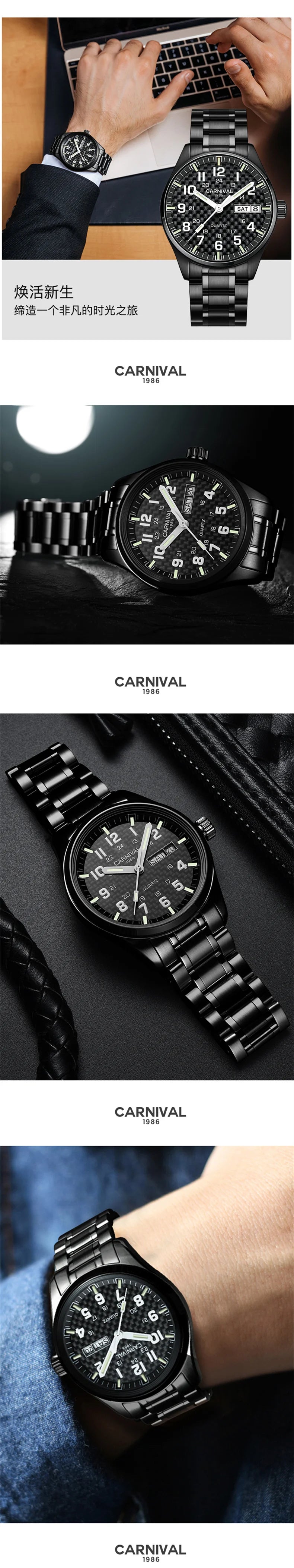 Reloj-Hombre-Montre Switzerland Carnival Quartz Watch men 316 Stainless Steel Waterproof Calendar Luminous Military men Watches