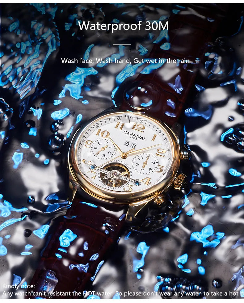 Carnival Brand Luxury Tourbillon Watches Leather Calendar Week Month High-End Mechanical Watch Business Men Automatic Clock