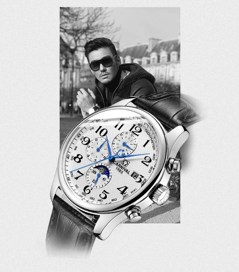 Carnival Brand Automatic Watch Fashion Luxury Waterproof Calendar Moon Phase Mechanical Watches For Men Clock Relogio Masculino