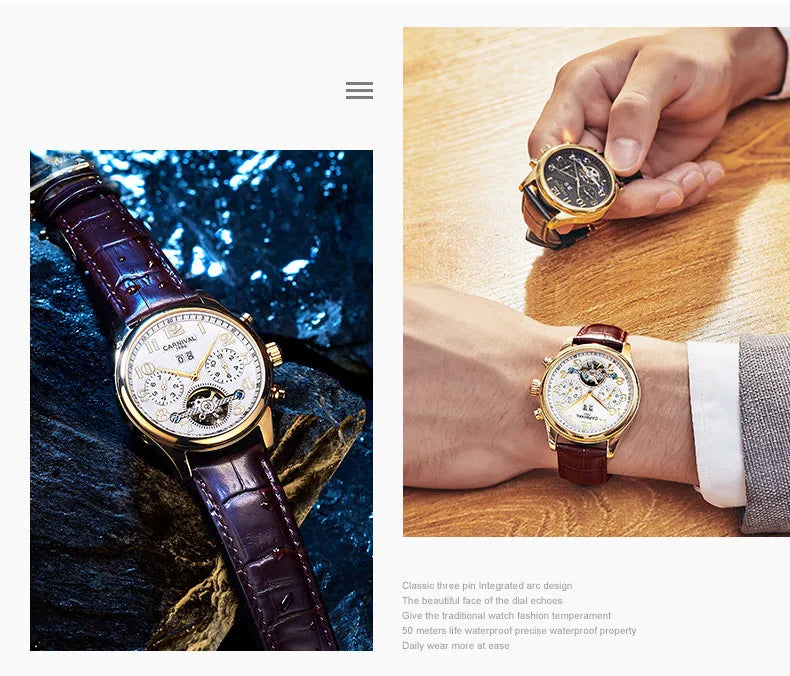 Carnival Brand Luxury Tourbillon Watches Leather Calendar Week Month High-End Mechanical Watch Business Men Automatic Clock