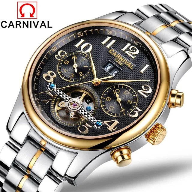 Carnival Brand Luxury Tourbillon Watches Leather Calendar Week Month High-End Mechanical Watch Business Men Automatic Clock