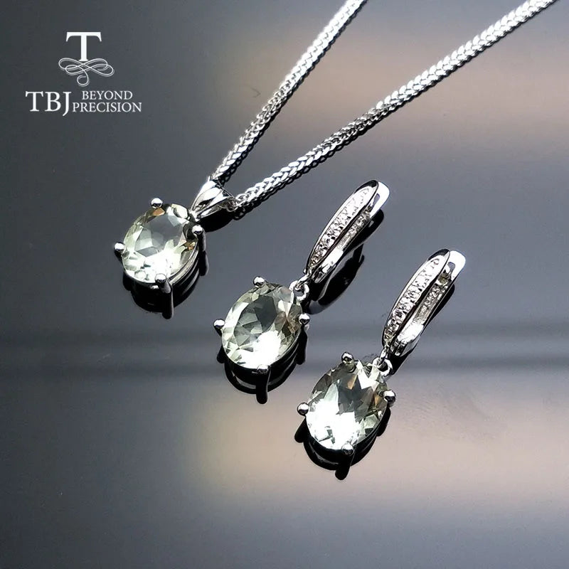 TBJ,Simple  natural green amethyst gemstone jewelry Necklaces and earrings set in 925 silver gemstone for women with gift box