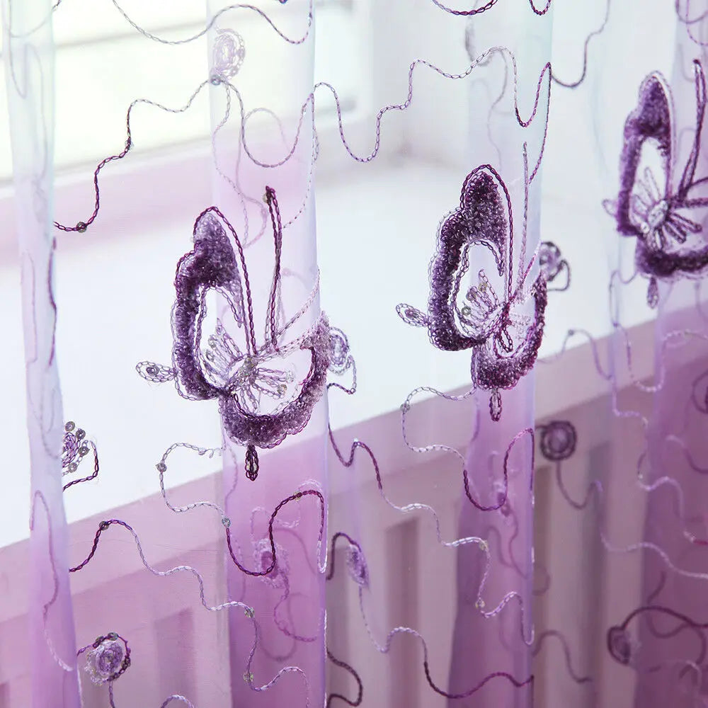 Romantic Modern Embroidered Sequins Butterfly Rustic Sheer Purple Voile Curtains for Living Room Bedroom Kitchen   344&C